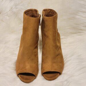 Olivia Jaymes Faux Suede Open Toe 5" Ankle Boots, Camel, Size 9
